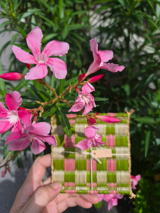 Handwoven papyrus table set for 2 seats in Green, Pink and Natural color