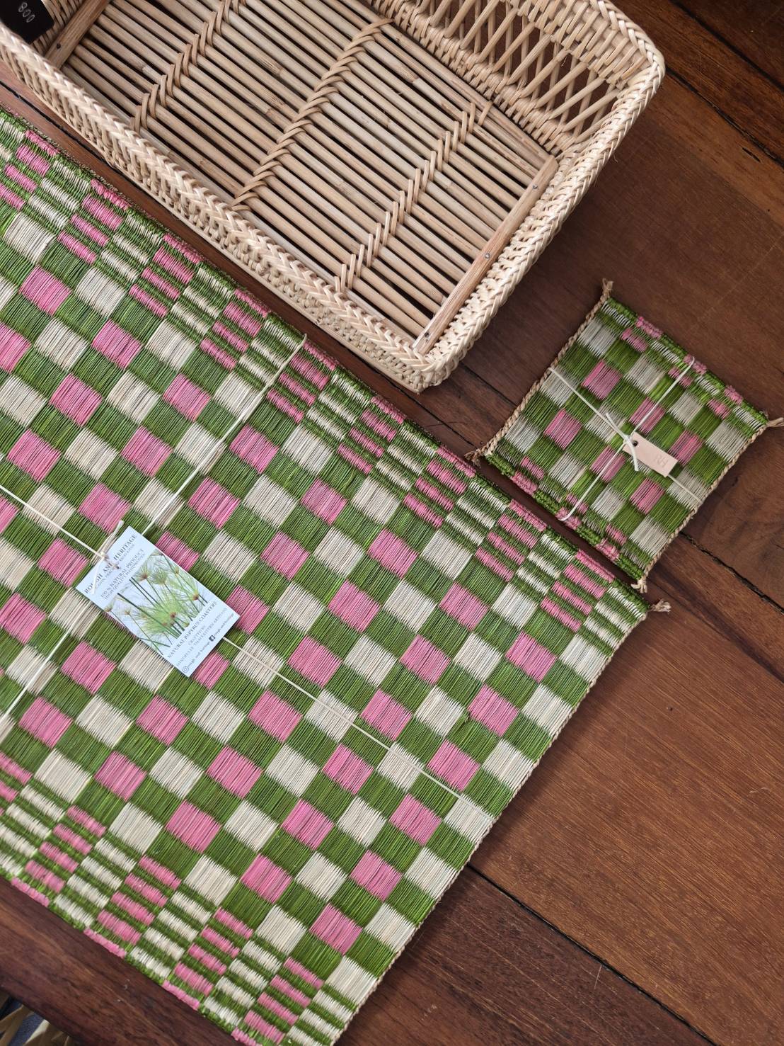 Handwoven papyrus table set for 2 seats in Green, Pink and Natural color