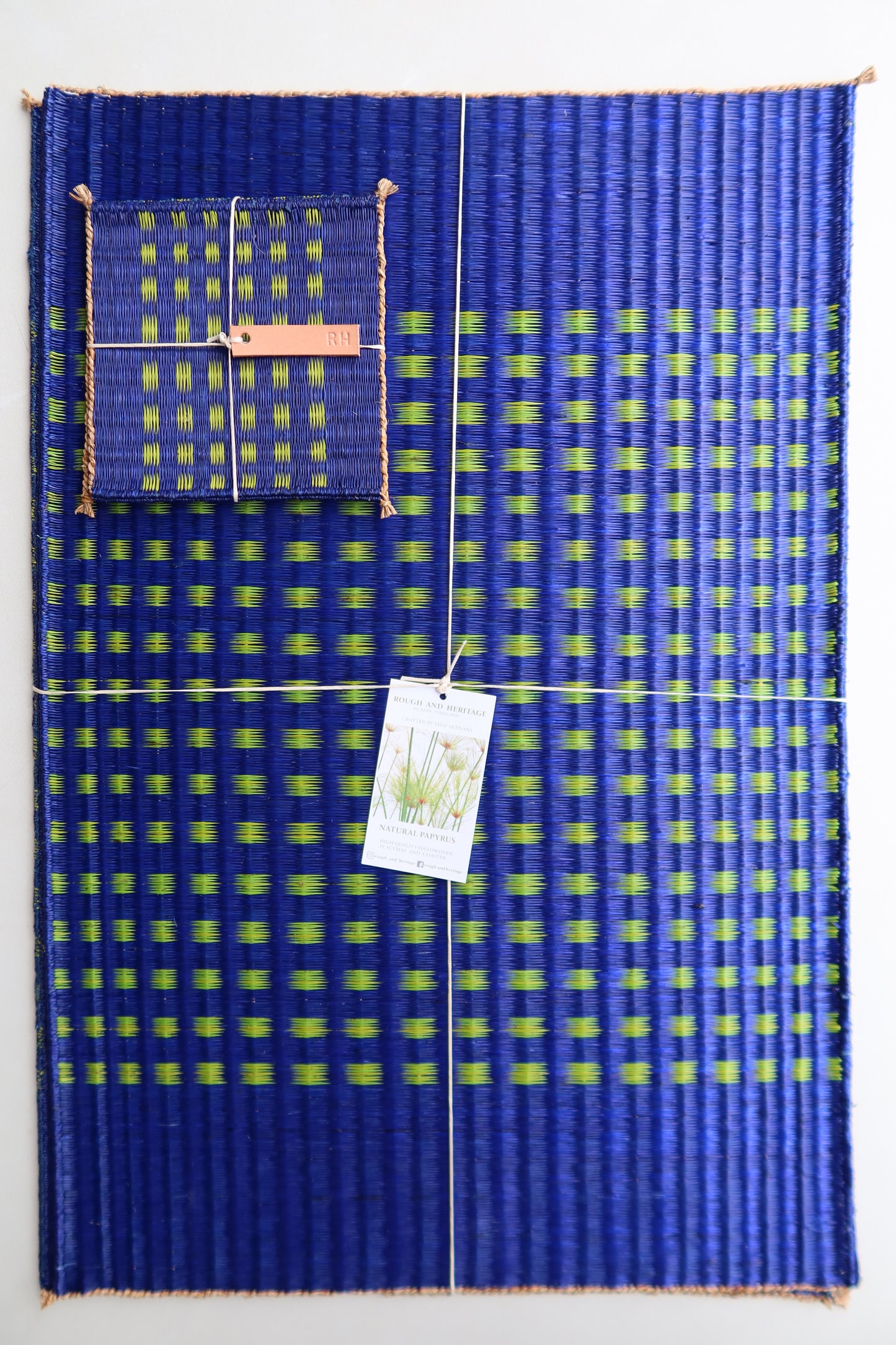 Handwoven papyrus table set for 2 seats in Blue and Green spot